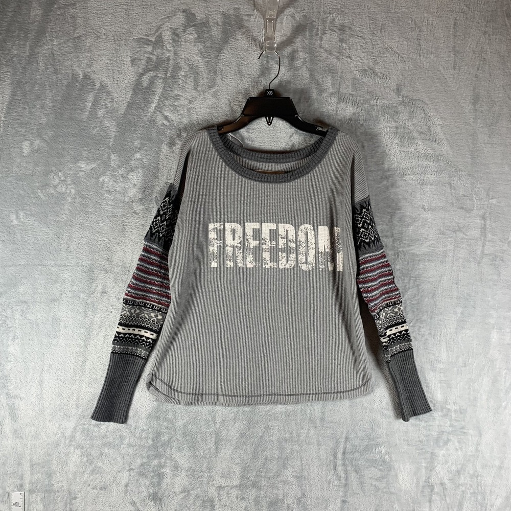 We the Free People Women's Thermal Top FREEDOM Patch Sleeve Gray Fairisle XS